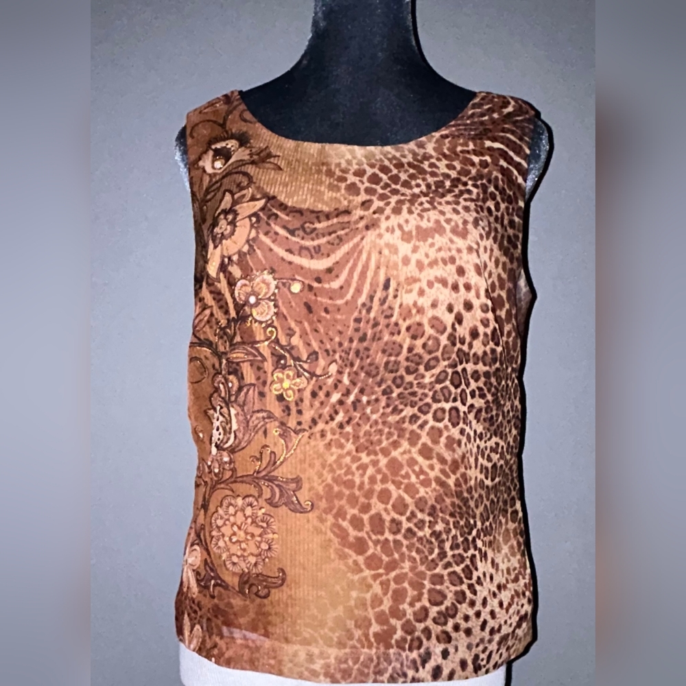 Madison Leigh Leopard Print Sleeveless Shirt, Size 8, Floral Details
